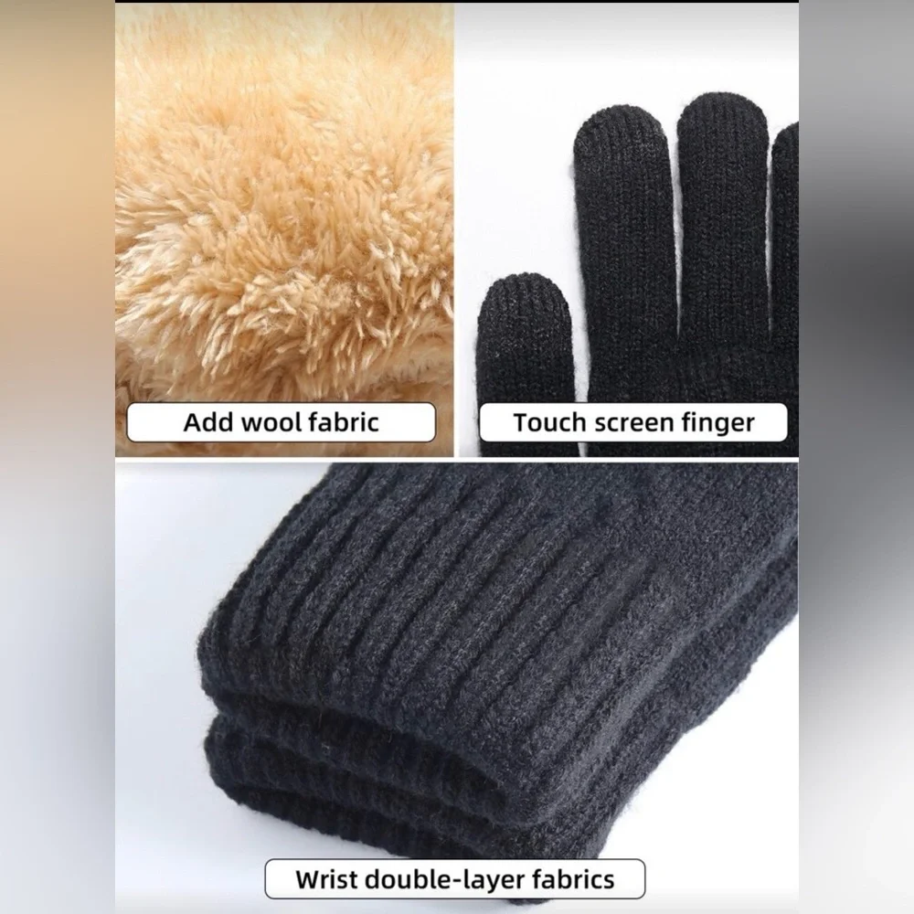 Bundle 3 set of Black Knit Gloves with Faux Fur Lining